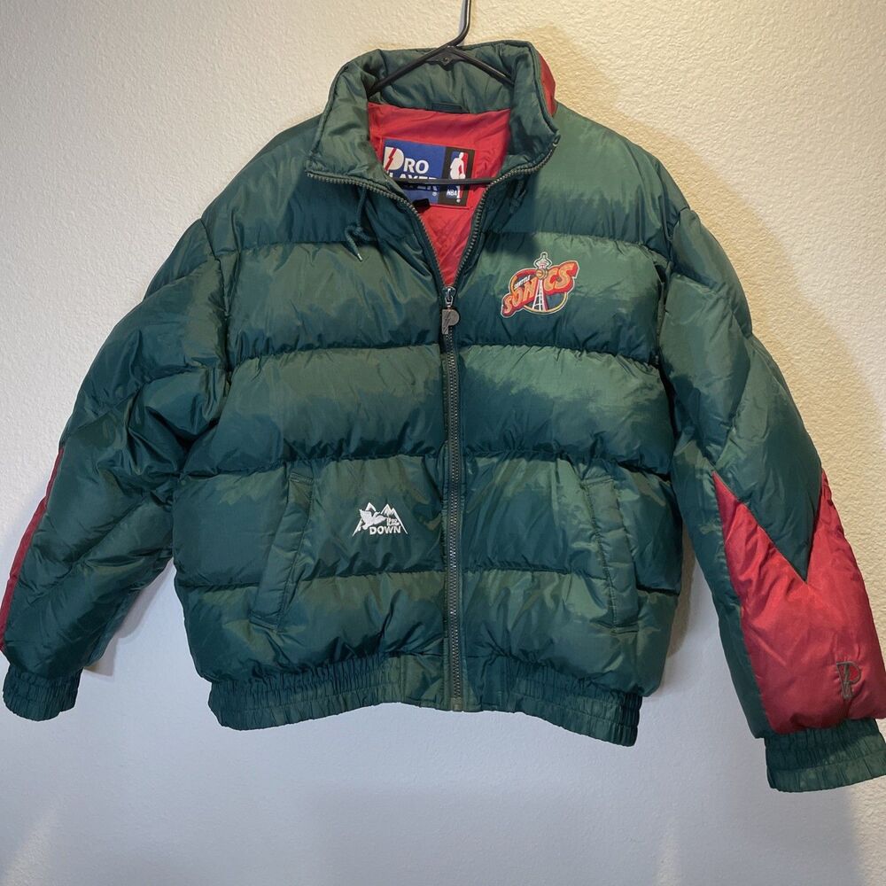 Vintage 90s Seattle Supersonics Pro Player Puffer Jacket NBA Green Red Men XL